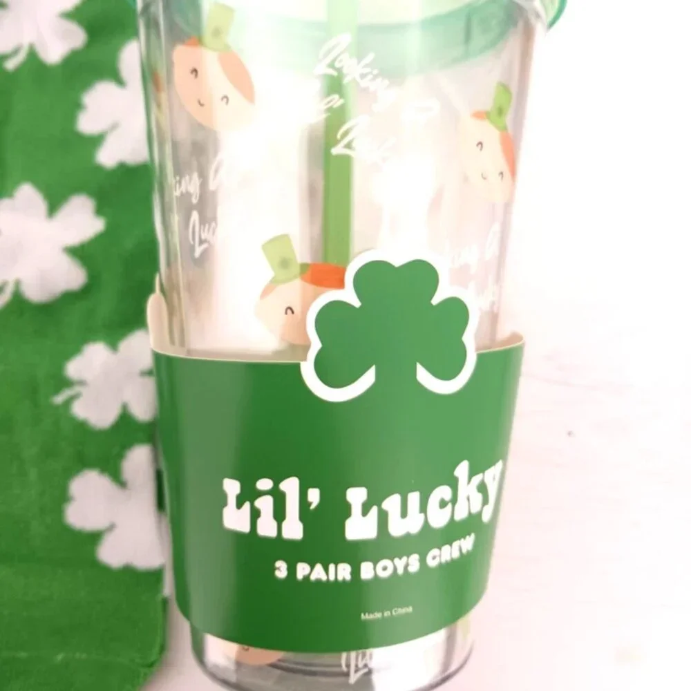 St. Patrick's Day Born Lucky Youth 3-Pack Socks + Reuseable Cup -New Tags